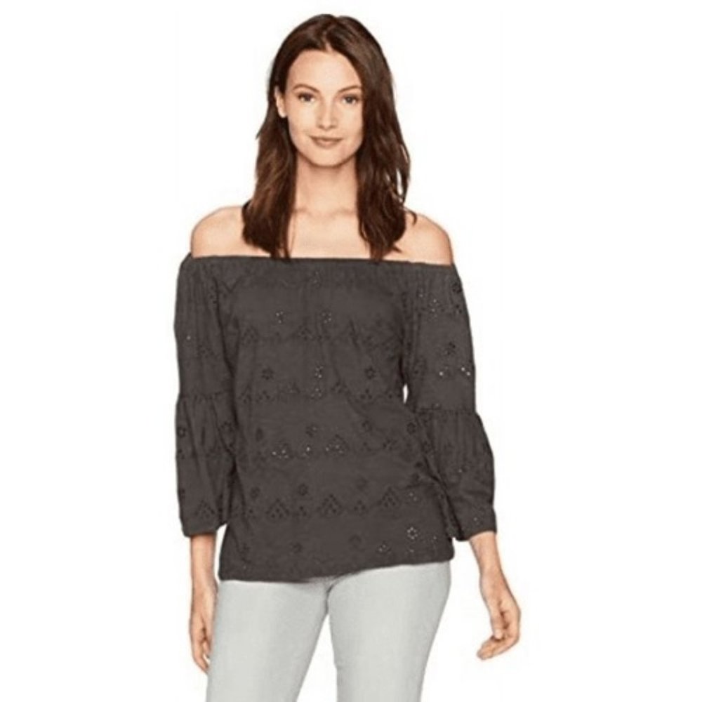 Lucky Brand Women's Eyelet Off The Shoulder Top, Black Mountain, Large